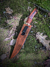 Load image into Gallery viewer, 8.5" Bowie with Hamon & Leather Sheath - W2, Brass, Ironwood
