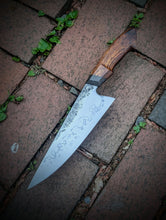 Load image into Gallery viewer, 8.375" Western Chef with Hamon - Ancient Bog Oak, Arizona Desert Ironwood & Brass