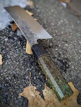 Load image into Gallery viewer, Hand Forged 6.687" Nakiri - Ancient Bog Oak &amp; Black Ash Burl
