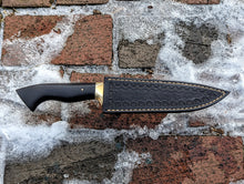 Load image into Gallery viewer, 7&quot; (178mm) Hand Forged Drop Point Hunter - Gaboon Ebony &amp; Brass, Leather Sheath

